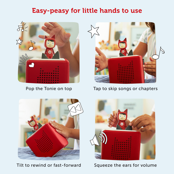 Child-safe, screen-free audio device designed for independent use.