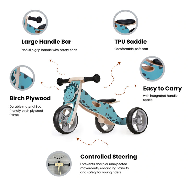 The balance bike features a lightweight wooden frame with a built-in carry handle for easy transport.