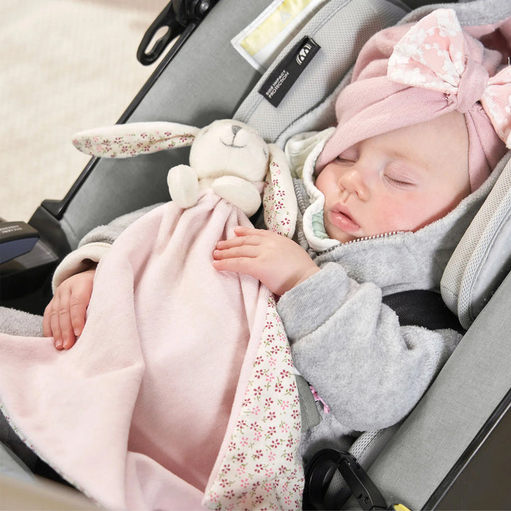 Cute baby sleeping in the stroller holding bunny of the mini dream baby comforter blanket.