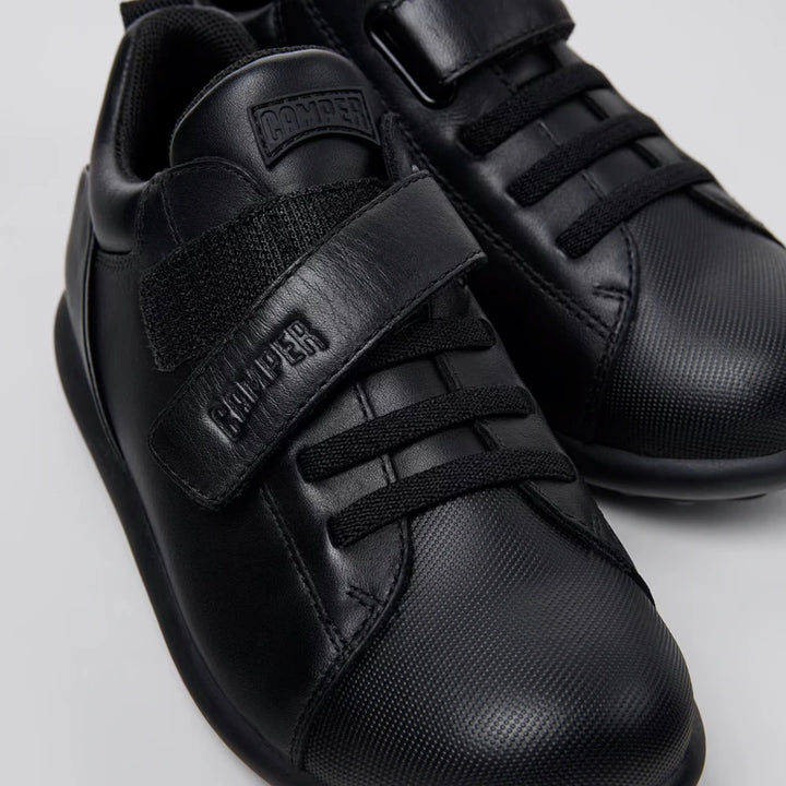 Camper Kids Black Leather Shoes with hook-and-loop closure.