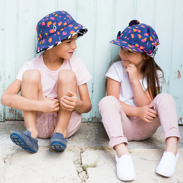 kids wearing navy leopard print sun hat