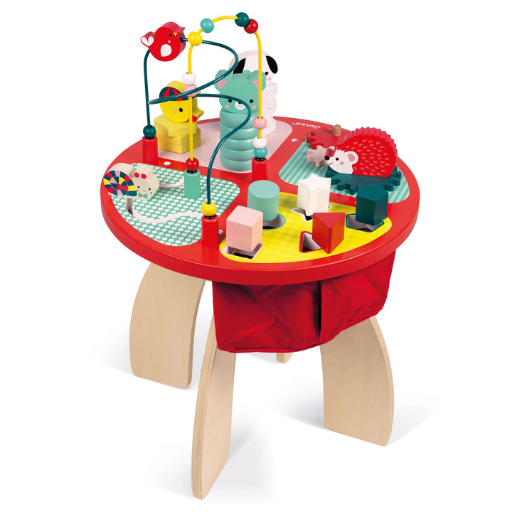 Wooden Janod Baby Activity Table with stacking animals and labyrinth for toddlers.