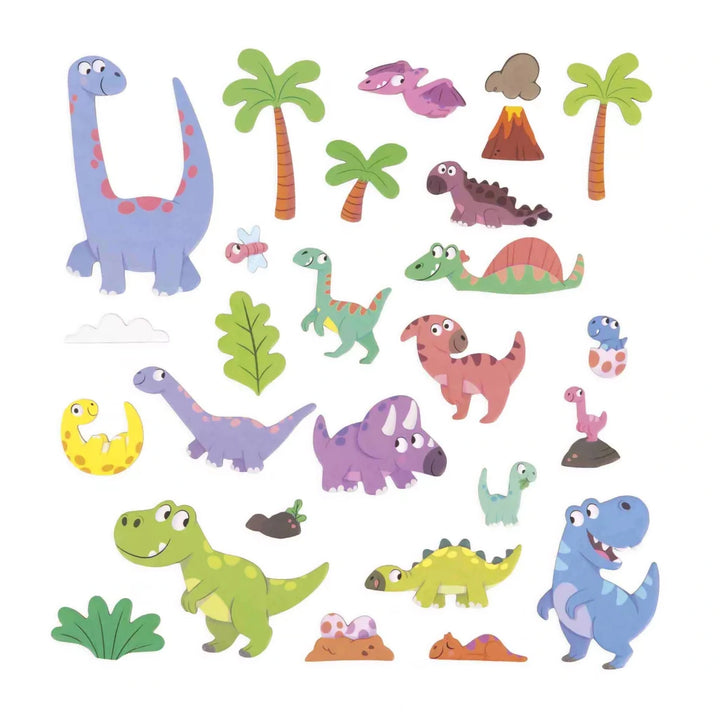 This magnetic playset features 30 dinosaur magnets and a vibrant backdrop