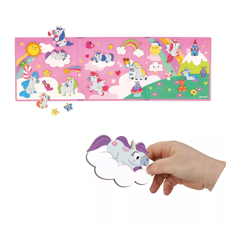 Magical Unicorns Magnéti'book Stories set, featuring a unicorn soaring over a rainbow.