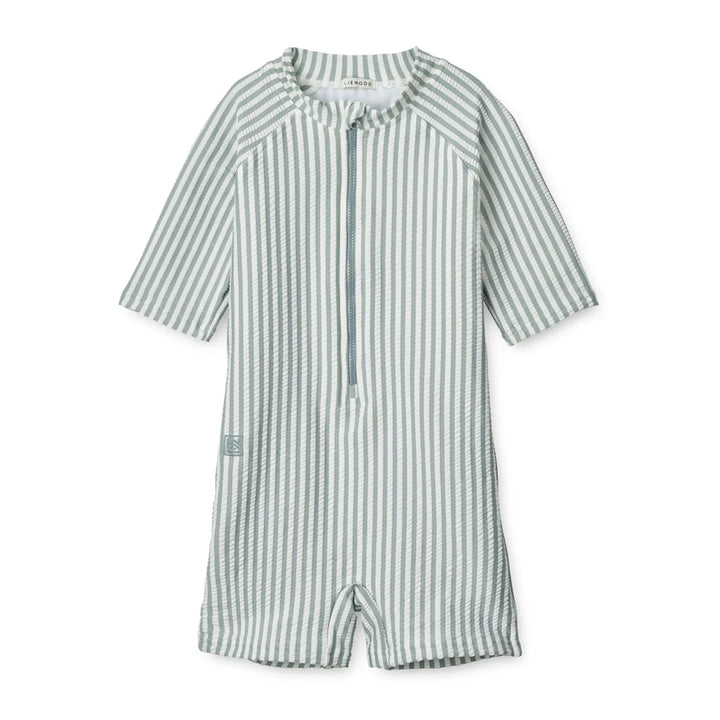 Kids swimsuit Max Seersucker short sleeve in sea blue and white