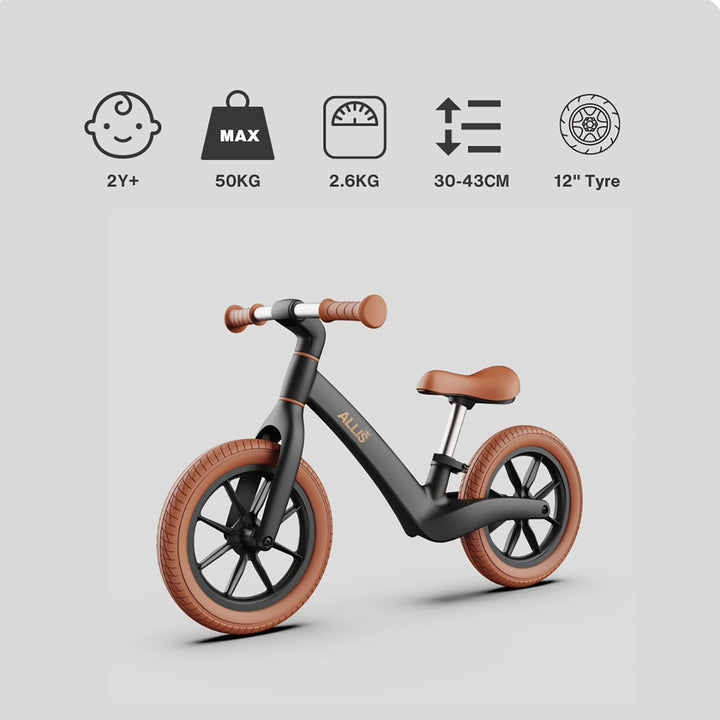 LUMI Kids Balance Bike in black, featuring a lightweight, rust-resistant frame and designed for children aged 2 to 5.