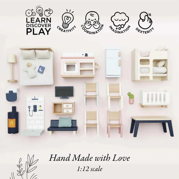 Le Toy Van doll house accessories including 35 pieces: kitchen, living room, bedroom, shower room, dining table, and chairs. 