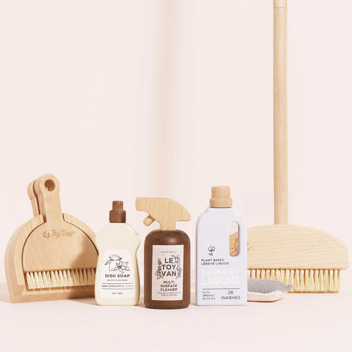 Wooden Toy Cleaning Set with natural wood finish.