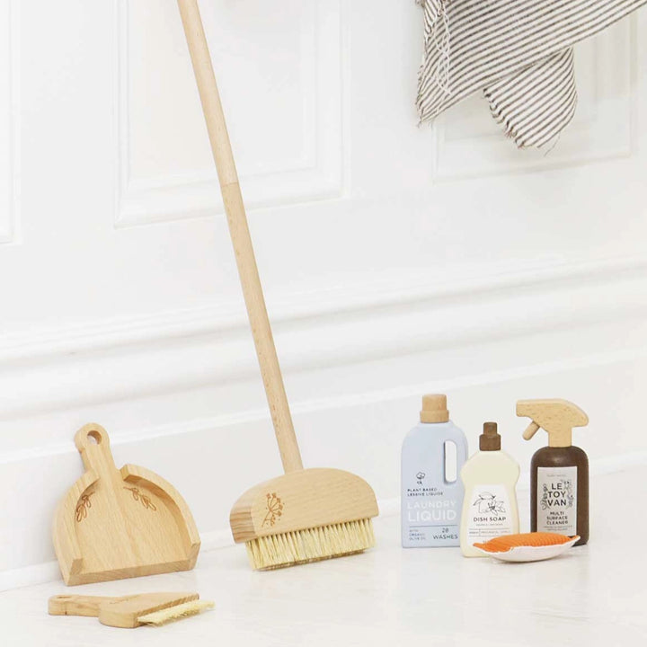 Kids cleaning set with eco-friendly broom and dustpan.