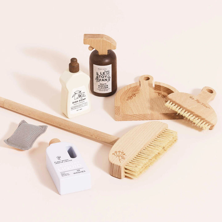 Wooden Toy Cleaning Set with child-safe materials.