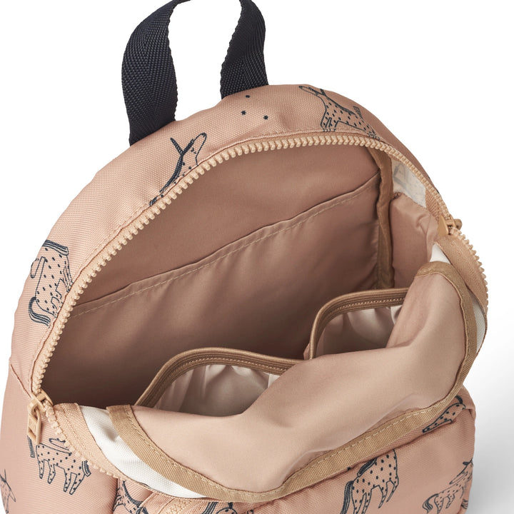 Unique contrast lining adds a touch of style to this functional backpack.