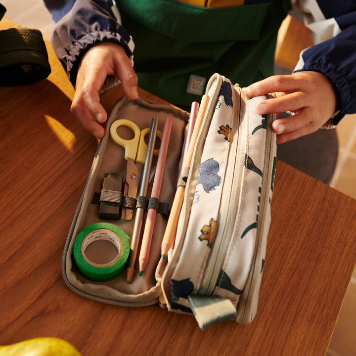 Liewood school pencil case with 3 zippable pockets.