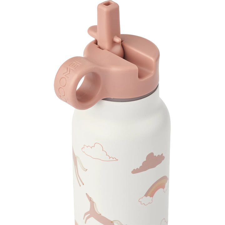 Leakproof Liewood water bottle with soft silicone spout and playful prints for kids.