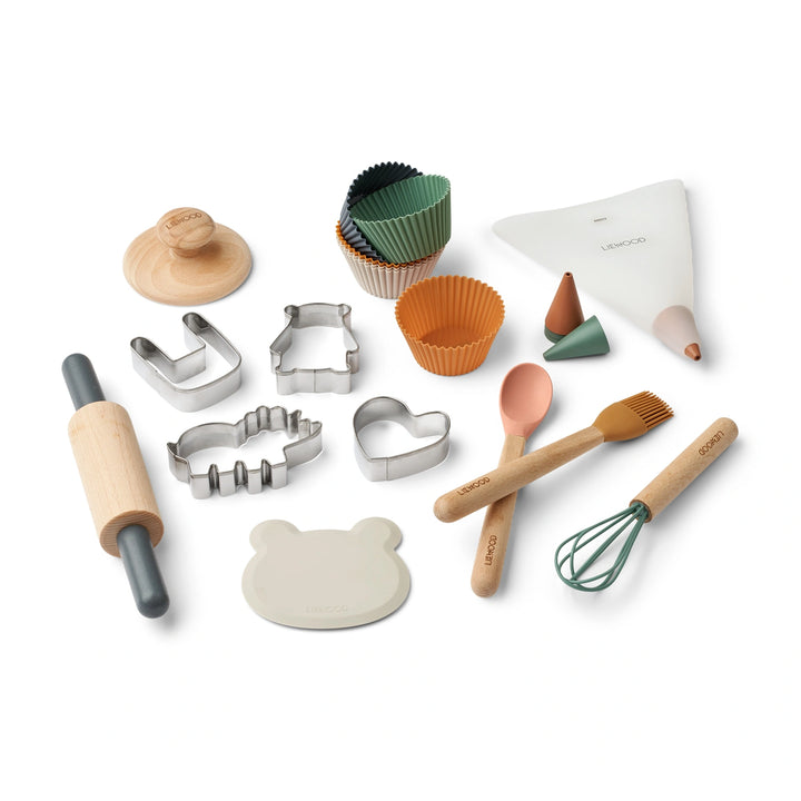 Liewood complete baking set with whisk, rolling pin, and cookie cutters.