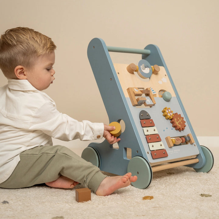 Activity walker with rubber wheels for indoor use.