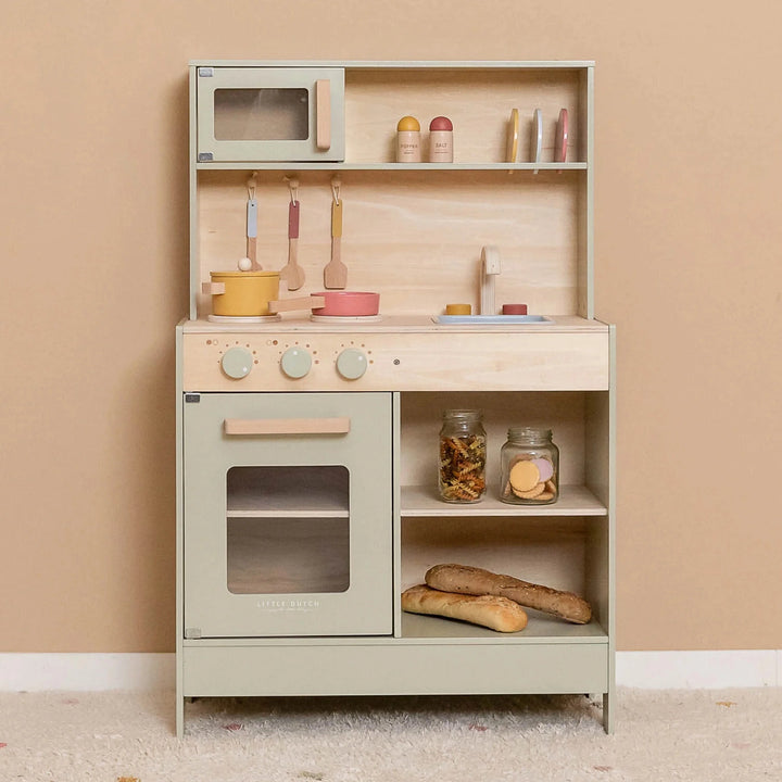 Play kitchen with oven, stove, and sink