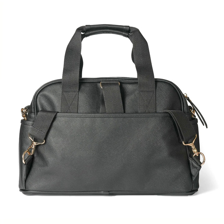 Elegant black changing bag with multiple compartments for organized storage