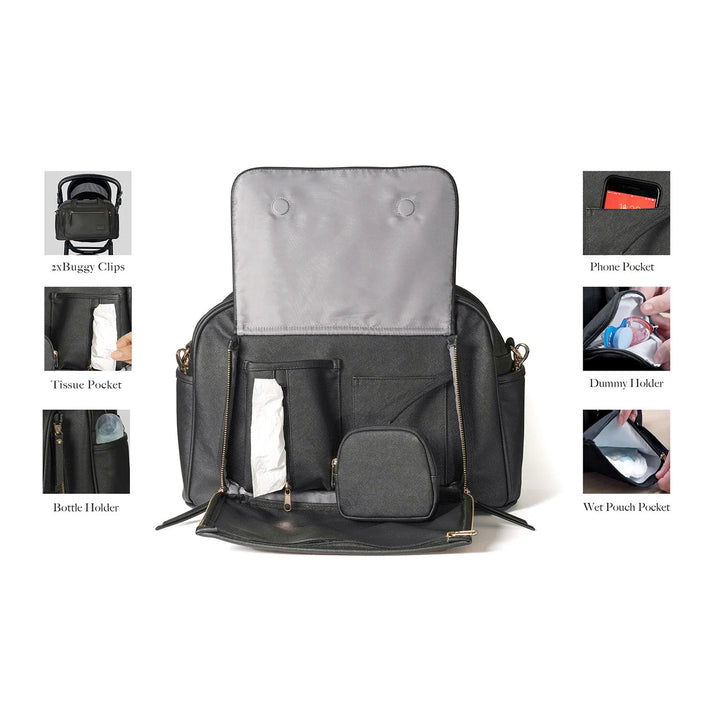 Multi-purpose baby changing bag with bottle holder, tissue pocket, and buggy clips