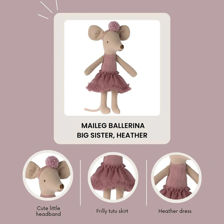 Maileg soft toy ballerina mouse in heather dress.