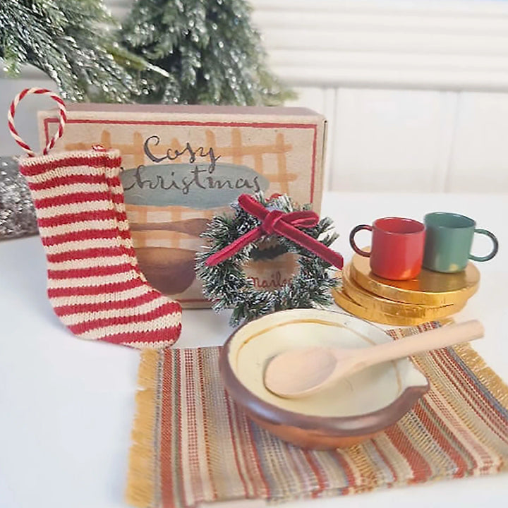 Maileg stocking, cups, and bowl with wooden spoon.