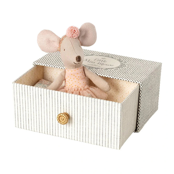 Maileg dance mouse toy with colorful daybed box.