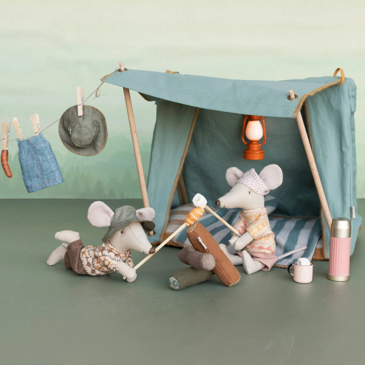 Maileg cotton toy hiker mouse for imaginative play.
