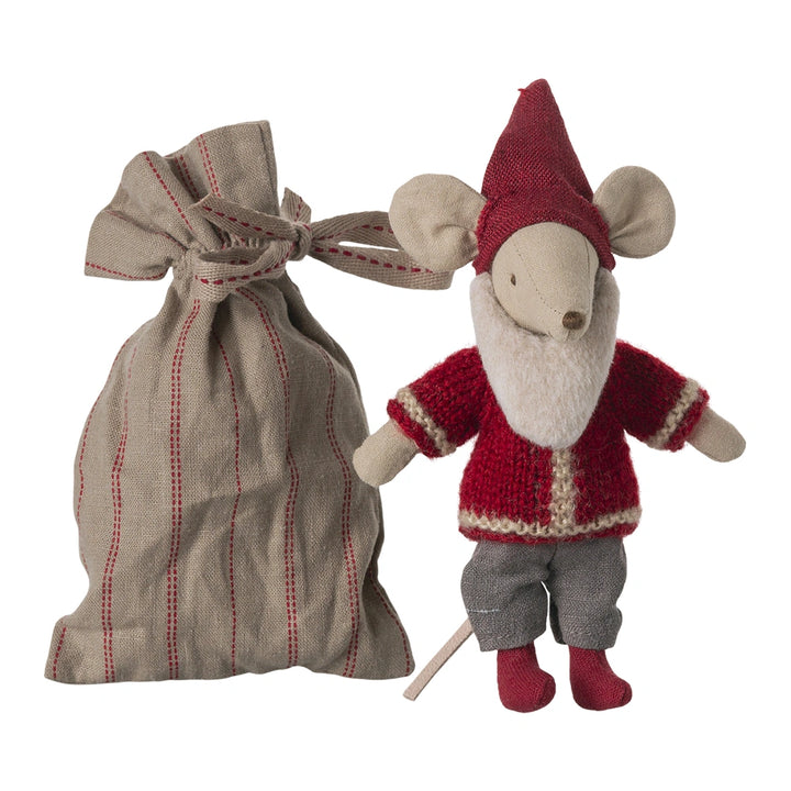 Big brother mouse dressed as Santa with gift sack.