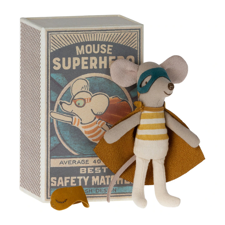 Maileg Superhero Mouse in Matchbox Bed with Masks