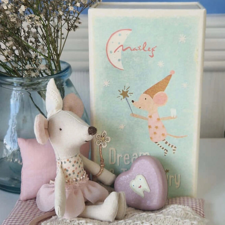 Tooth fairy mouse Maileg figurine in matchbox bed.