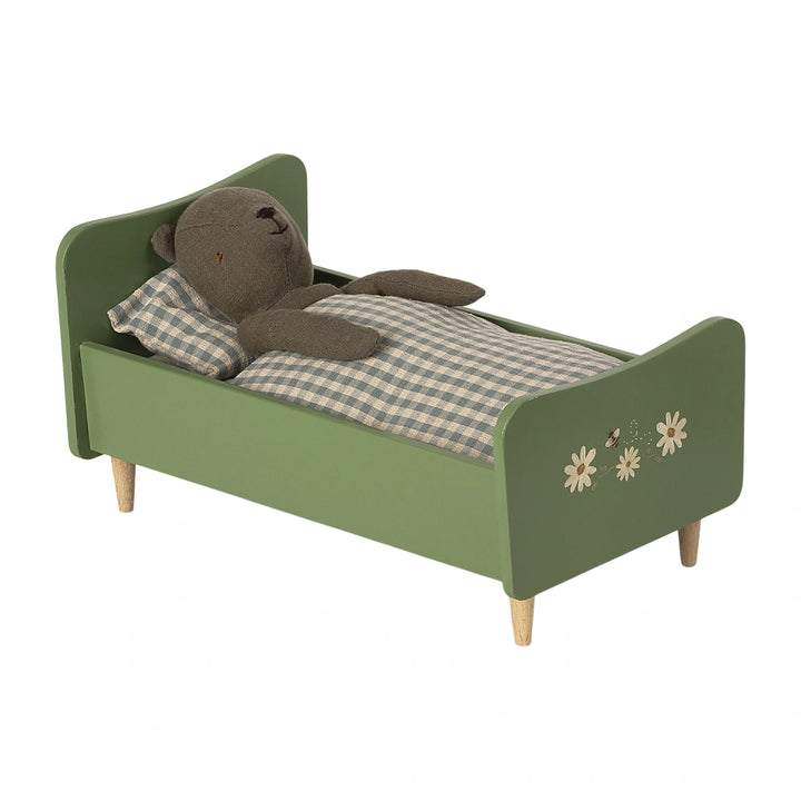 Vintage-style wooden bed for Maileg mouse bed setup.