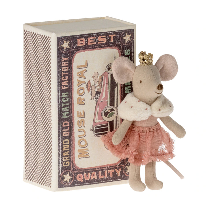 Maileg little sister princess mouse in a matchbox bed