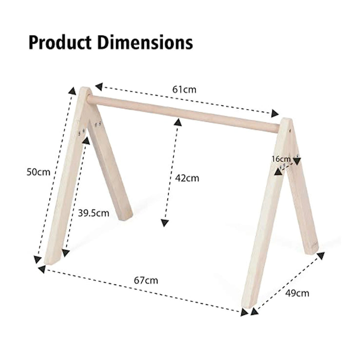 Eco-friendly infant mat with wooden frame and hanging toys.