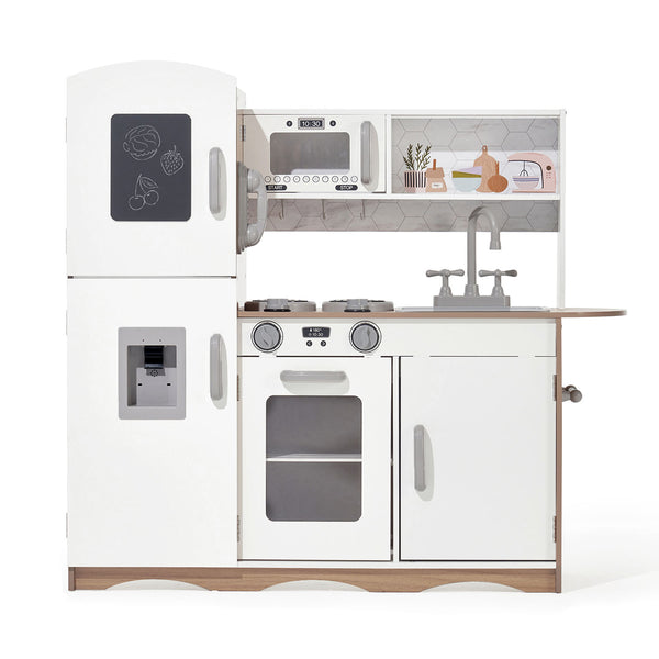 White wooden play kitchen with fridge, oven, and storage compartments.