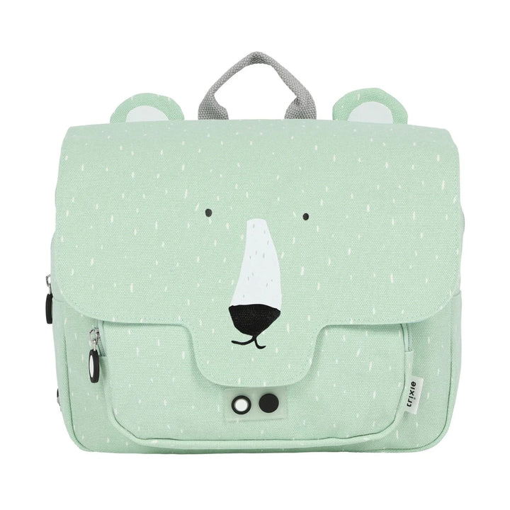 A Mr. Polar Bear satchel backpack opened to reveal a spacious interior with a book and a snack pouch.