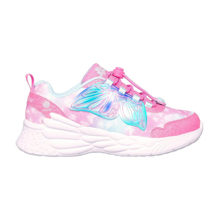 Sparkly Skechers Dream Racer Wing Brites with butterfly theme and light-up feature.