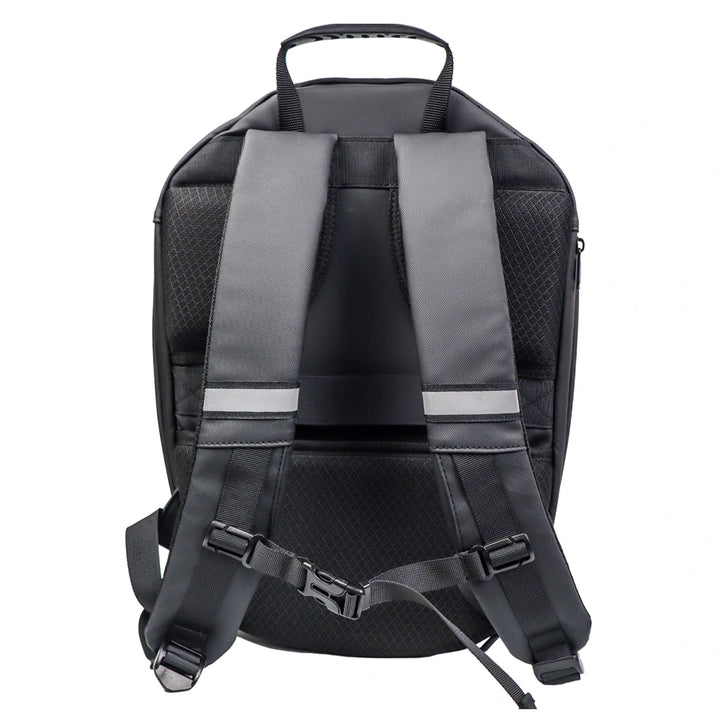 Breathable back panel and ergonomic straps on a tech-savvy backpack.