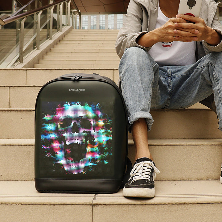 Small Smart Urban LED Bag showcasing a colorful pixel art design on its bright LED screen.