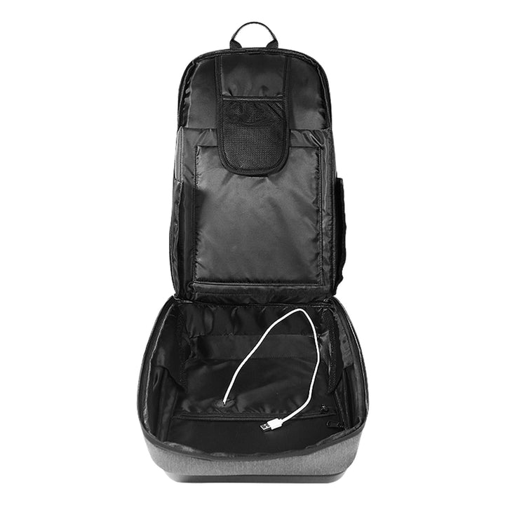 Open view of the backpack with compartments exposed, including a laptop slot and USB cable, on a white background.