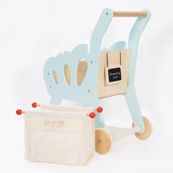 Kids wooden shopping trolley