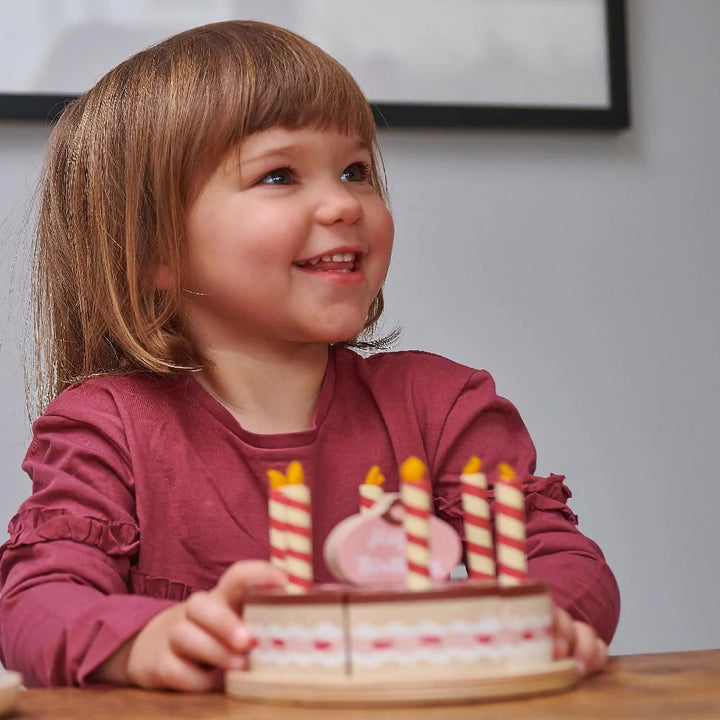 Child playing with Tender Leaf Toys birthday cake