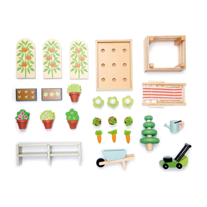 Sustainable wooden garden set with accessories.