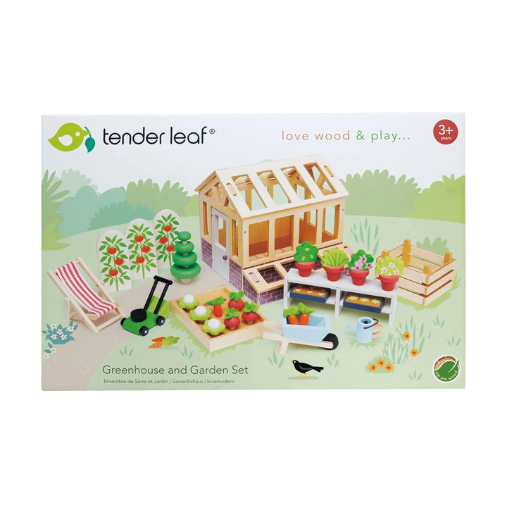 Illustrated boxed Tender Leaf Greenhouse and Garden Set.