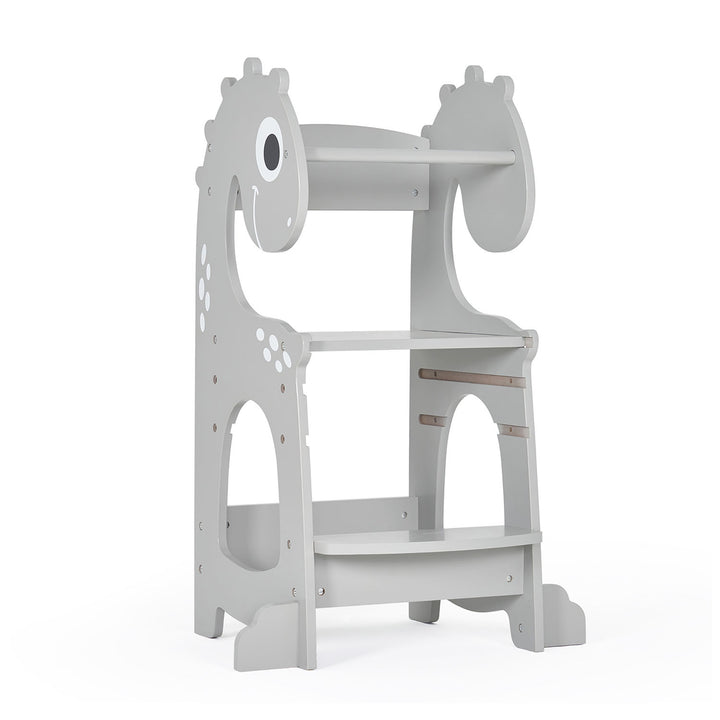 Front view of the Dino Grey toddler tower with child-safe anti-slip steps.