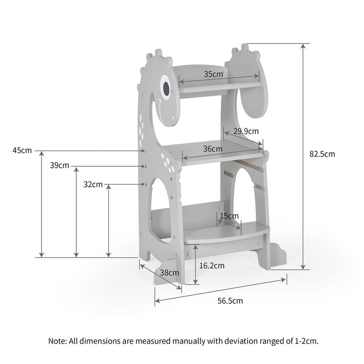 Dimensional view of the Dino Grey learning tower, displaying exact measurements for height, width, and depth to fit standard kitchen counter heights.