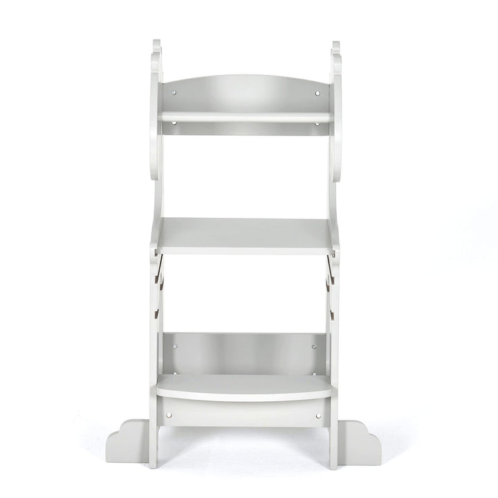 Rear view of the Dino Grey toddler learning tower, showcasing the stable structure and MDF wood material for a secure kitchen helper stand for toddlers.