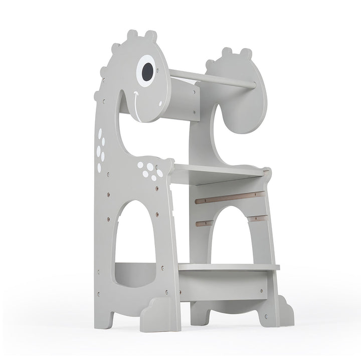 Dino Grey toddler learning tower, side view showing dinosaur-shaped design, crafted from durable MDF wood, with three adjustable height levels for safe kitchen activities.