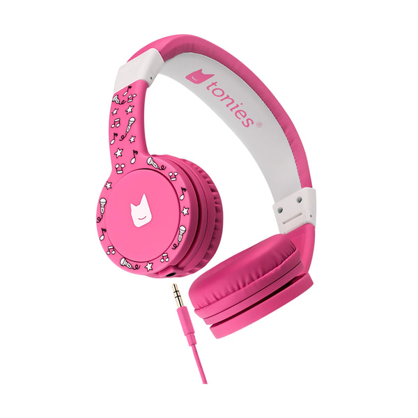 Tonies headphones in pink colour, folded and ready for on-the-go use with Tonie Box.