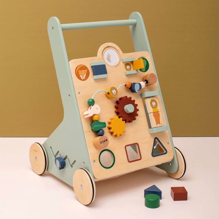 Engaging wooden walker with multiple activities for toddlers