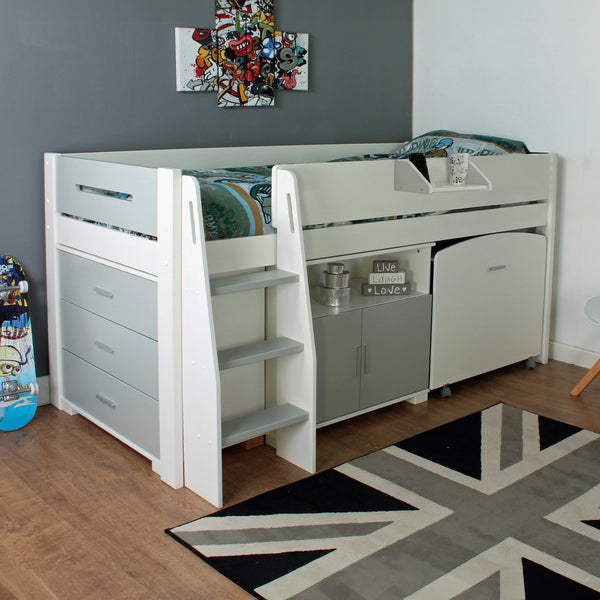 Space-saving mid sleeper bed with white and grey finish