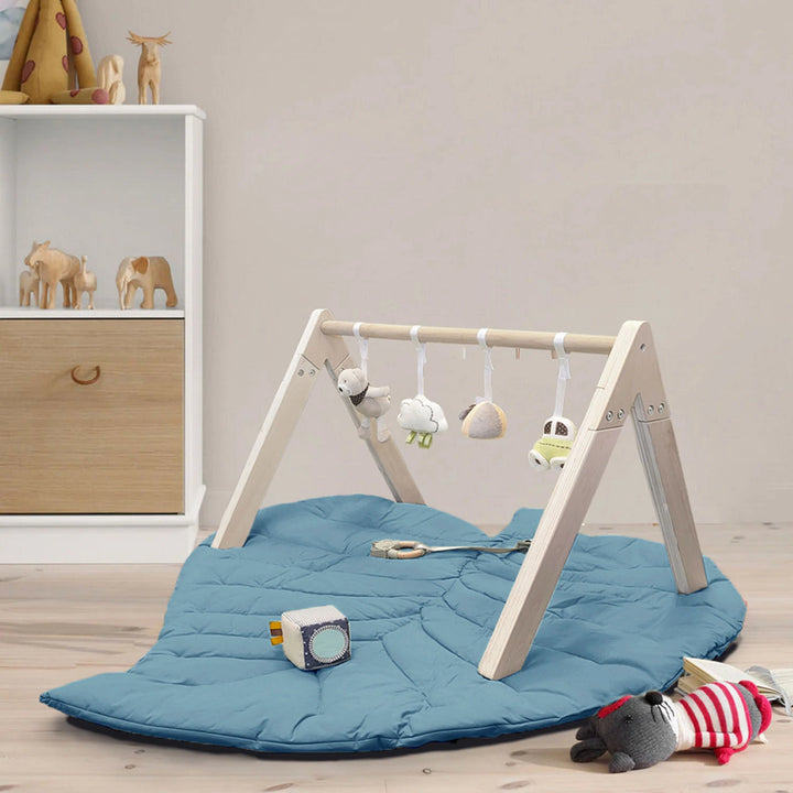 Wooden baby gym frame with detachable teether and mirror.